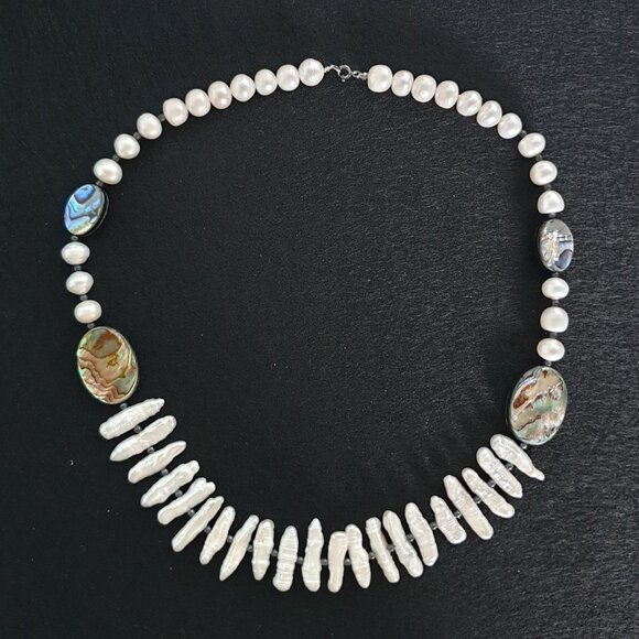 Vintage Genuine White Stick Pearl & Abalone Necklace with 925 Silver Clasp - Picture 3 of 12